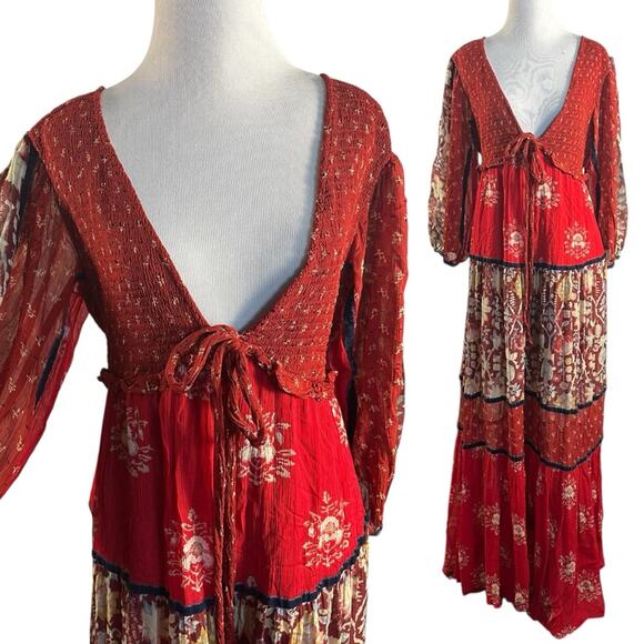Free People XL Bohemian Gypsy Witchy Bali Laurel Maxi Dress Patchwork 70s - Picture 6 of 16